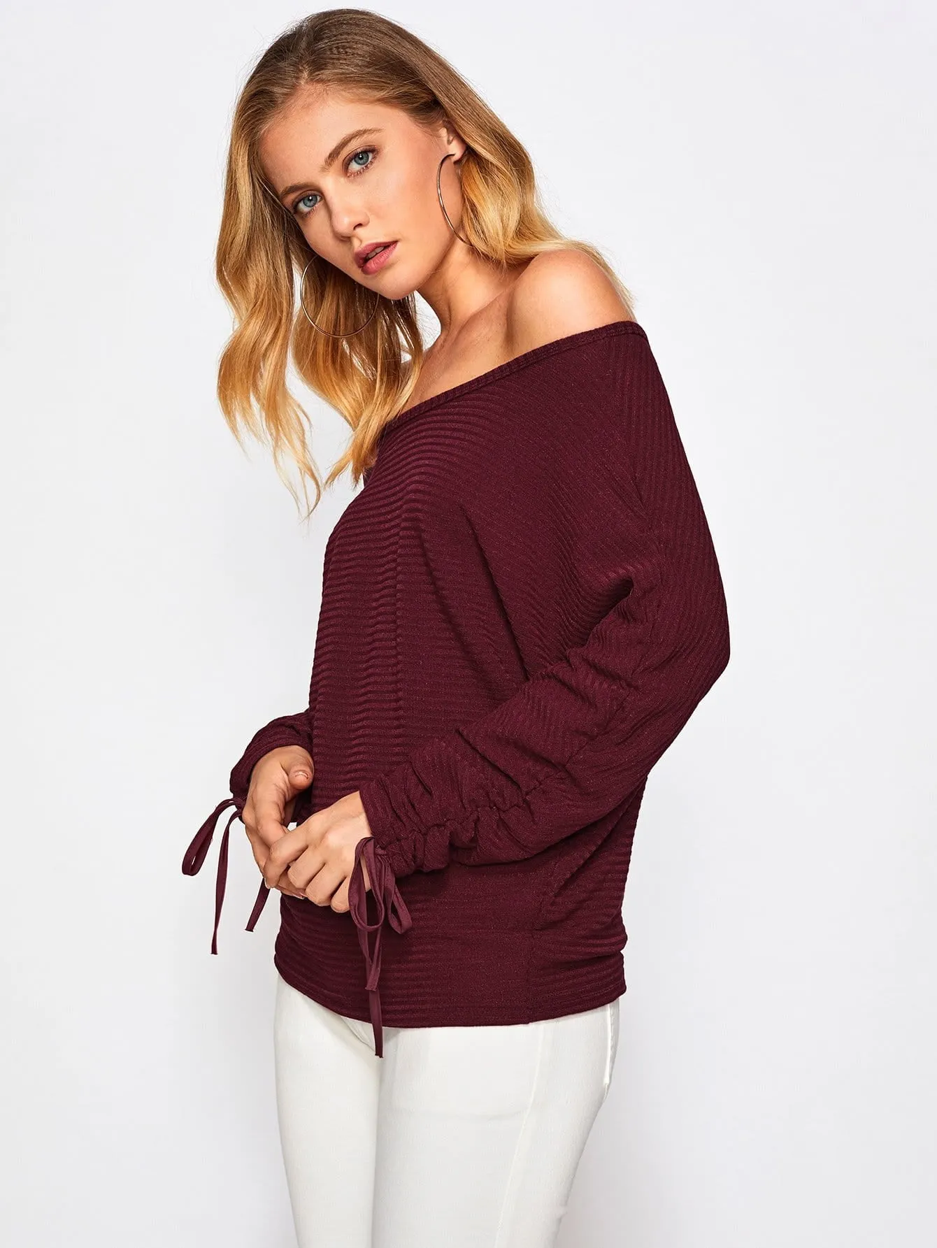 "One day" off the shoulder tie sleeve top