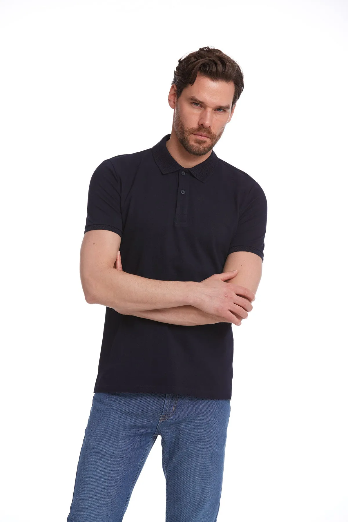Regular Fit Cotton Basic Navy Polo T-Shirt