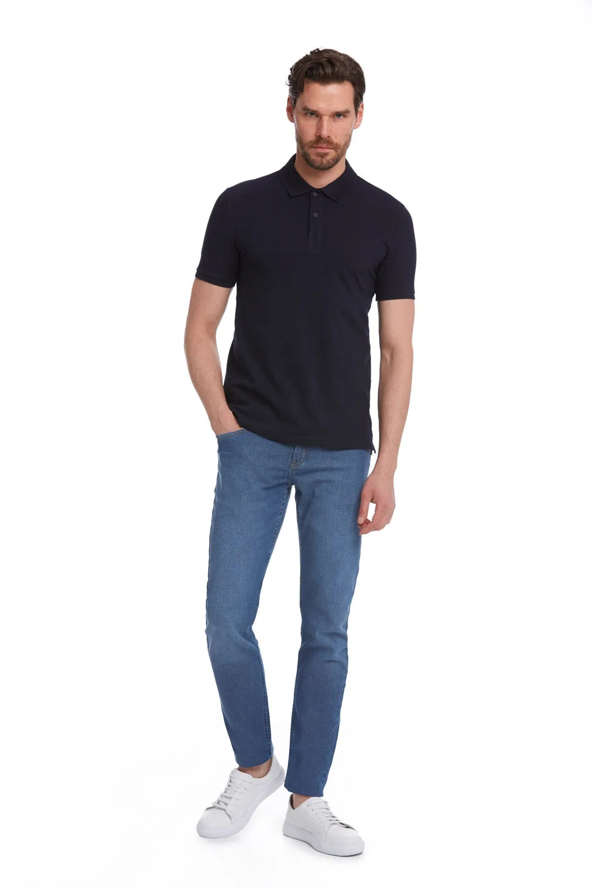 Regular Fit Cotton Basic Navy Polo T-Shirt