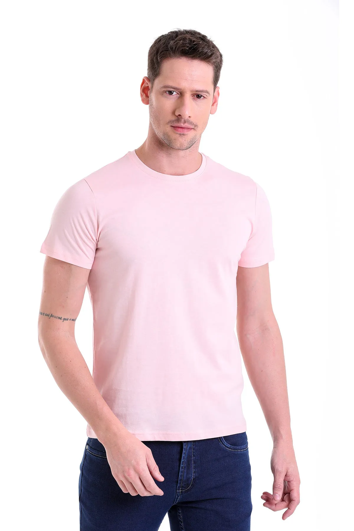 Regular Fit Pink Basic Cotton Crew Neck T-Shirt