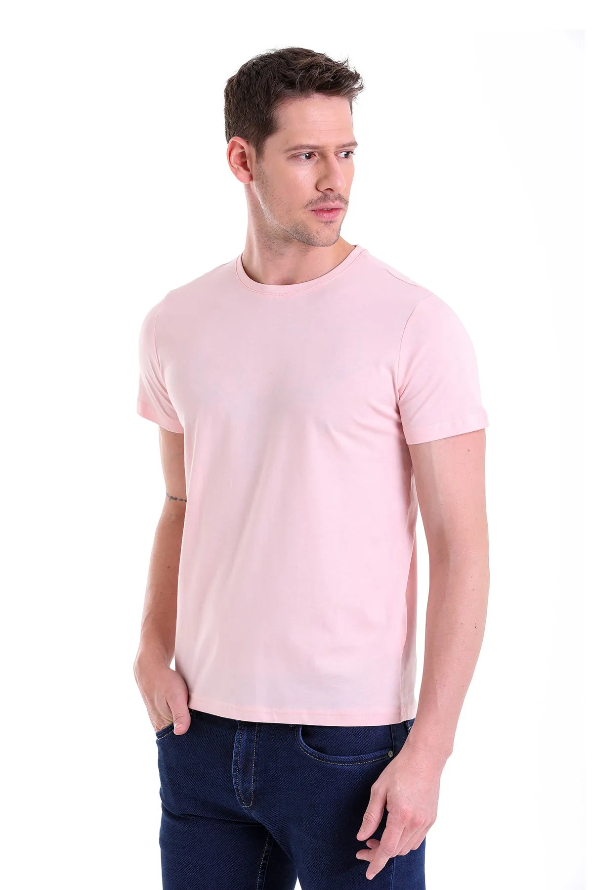 Regular Fit Pink Basic Cotton Crew Neck T-Shirt
