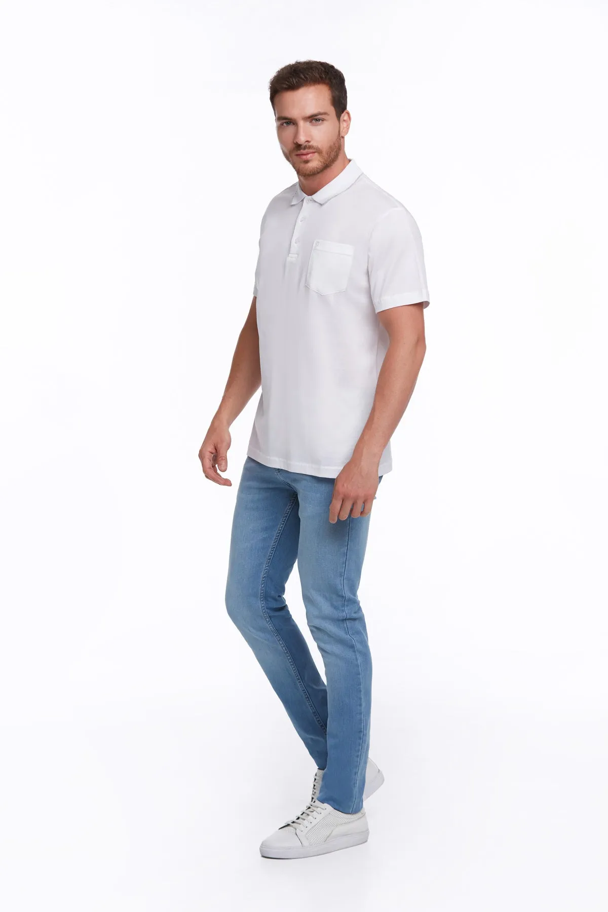 Regular Fit White Basic Cotton Polo T-Shirt
