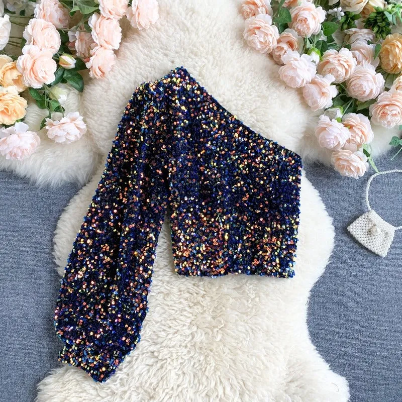 Shine Bright Strapless Unilateral Puff Sleeve Slim Fit Modest Sequined Tops