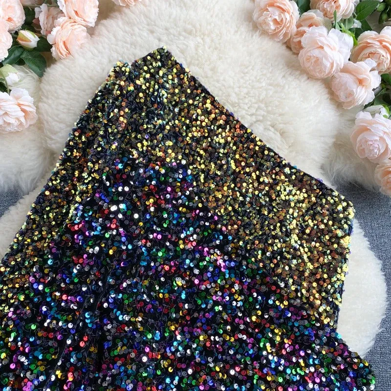 Shine Bright Strapless Unilateral Puff Sleeve Slim Fit Modest Sequined Tops