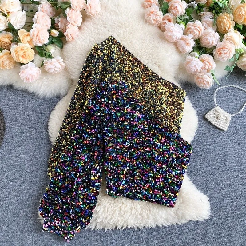 Shine Bright Strapless Unilateral Puff Sleeve Slim Fit Modest Sequined Tops
