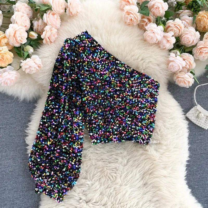 Shine Bright Strapless Unilateral Puff Sleeve Slim Fit Modest Sequined Tops