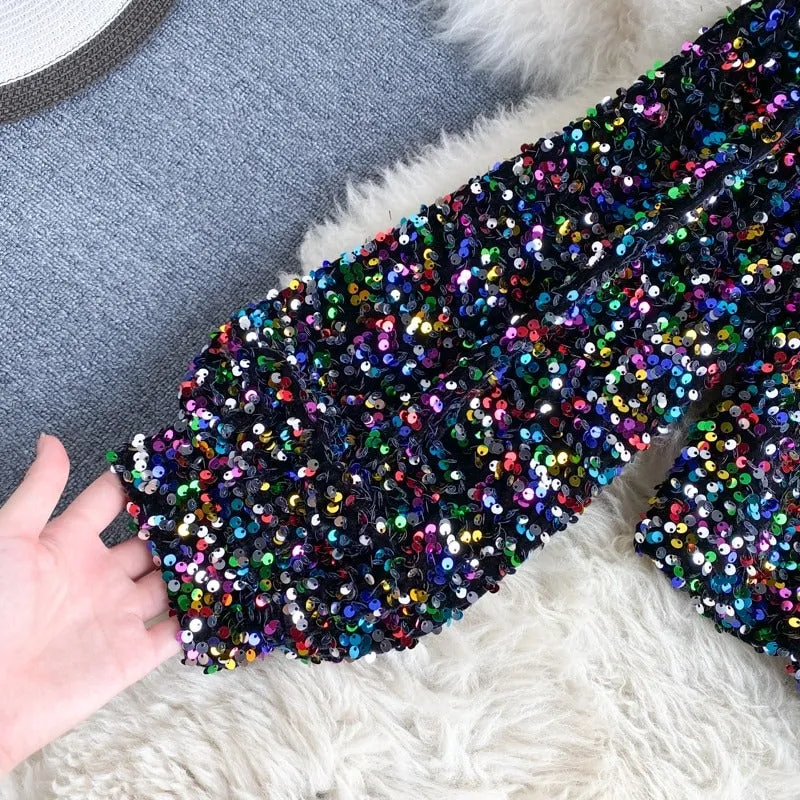 Shine Bright Strapless Unilateral Puff Sleeve Slim Fit Modest Sequined Tops