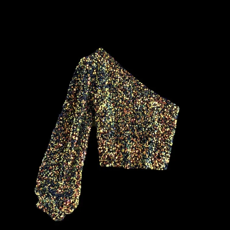 Shine Bright Strapless Unilateral Puff Sleeve Slim Fit Modest Sequined Tops