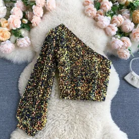 Shine Bright Strapless Unilateral Puff Sleeve Slim Fit Modest Sequined Tops