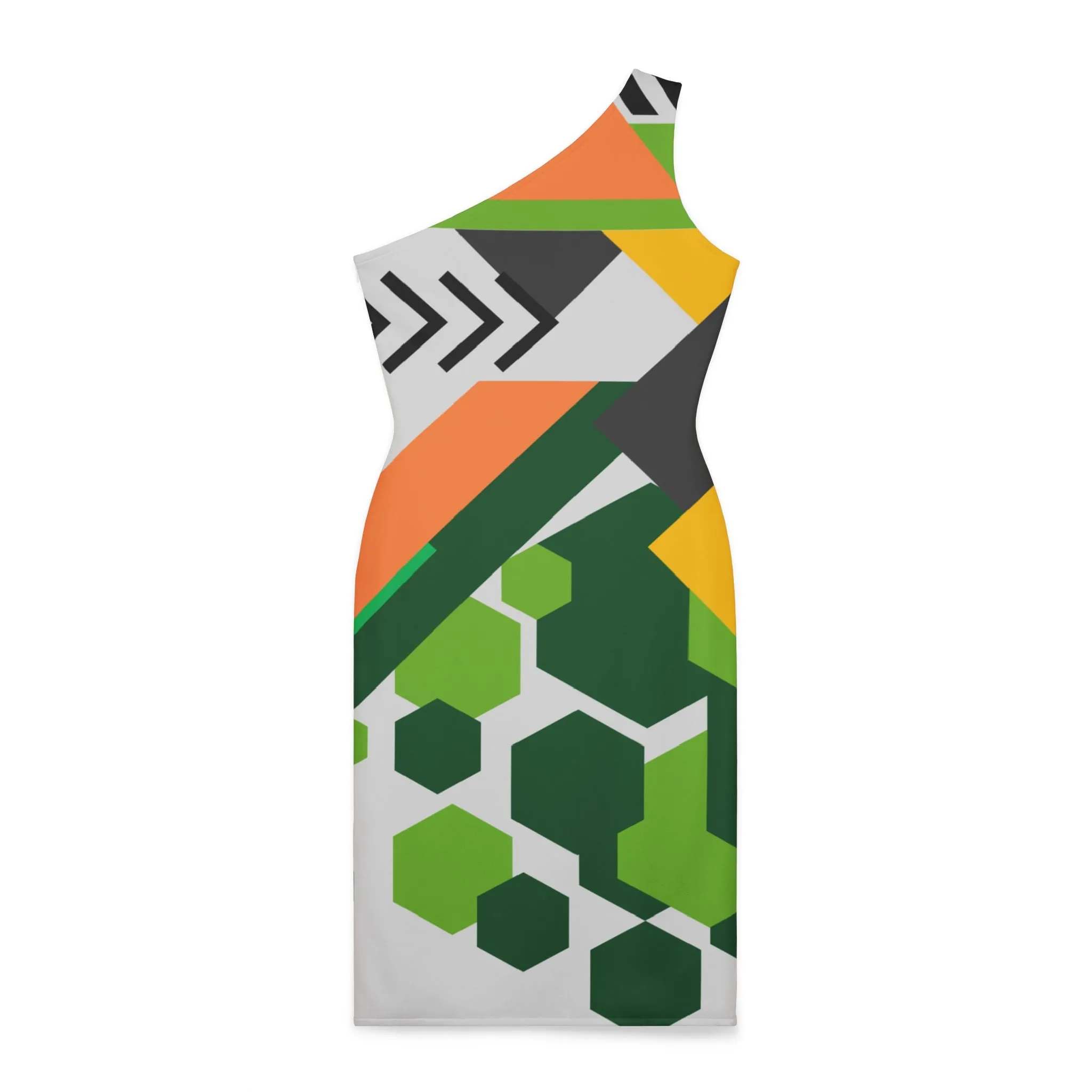 Shoulder Dress - Green and Orange Geometric Abstract Digital Design