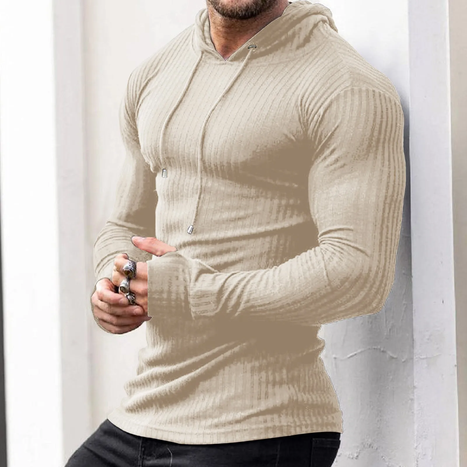 SOLID COLOR STRIPED DRAWSTRING HOODIE