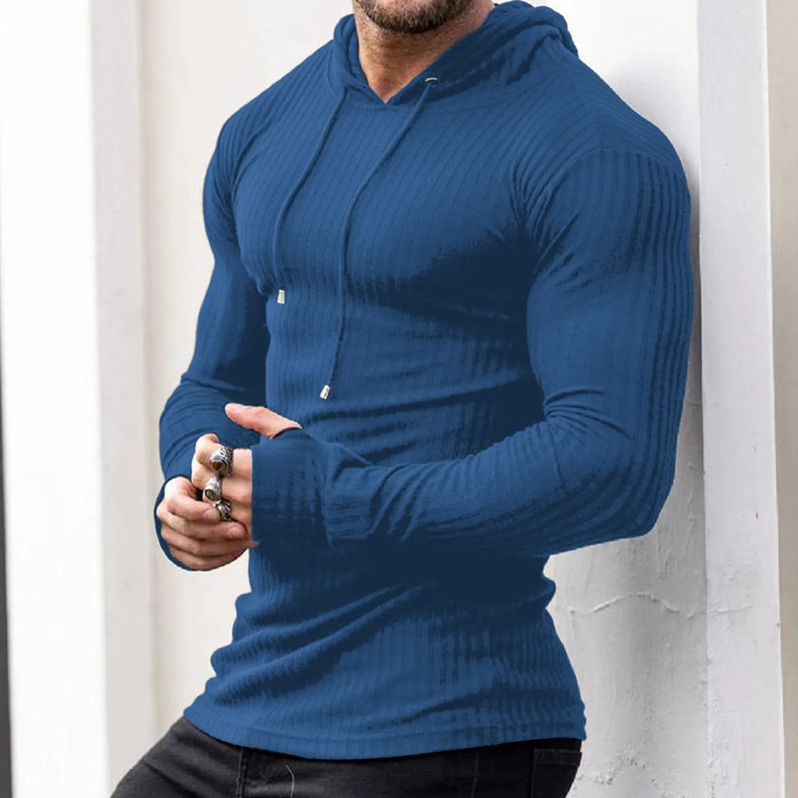 SOLID COLOR STRIPED DRAWSTRING HOODIE