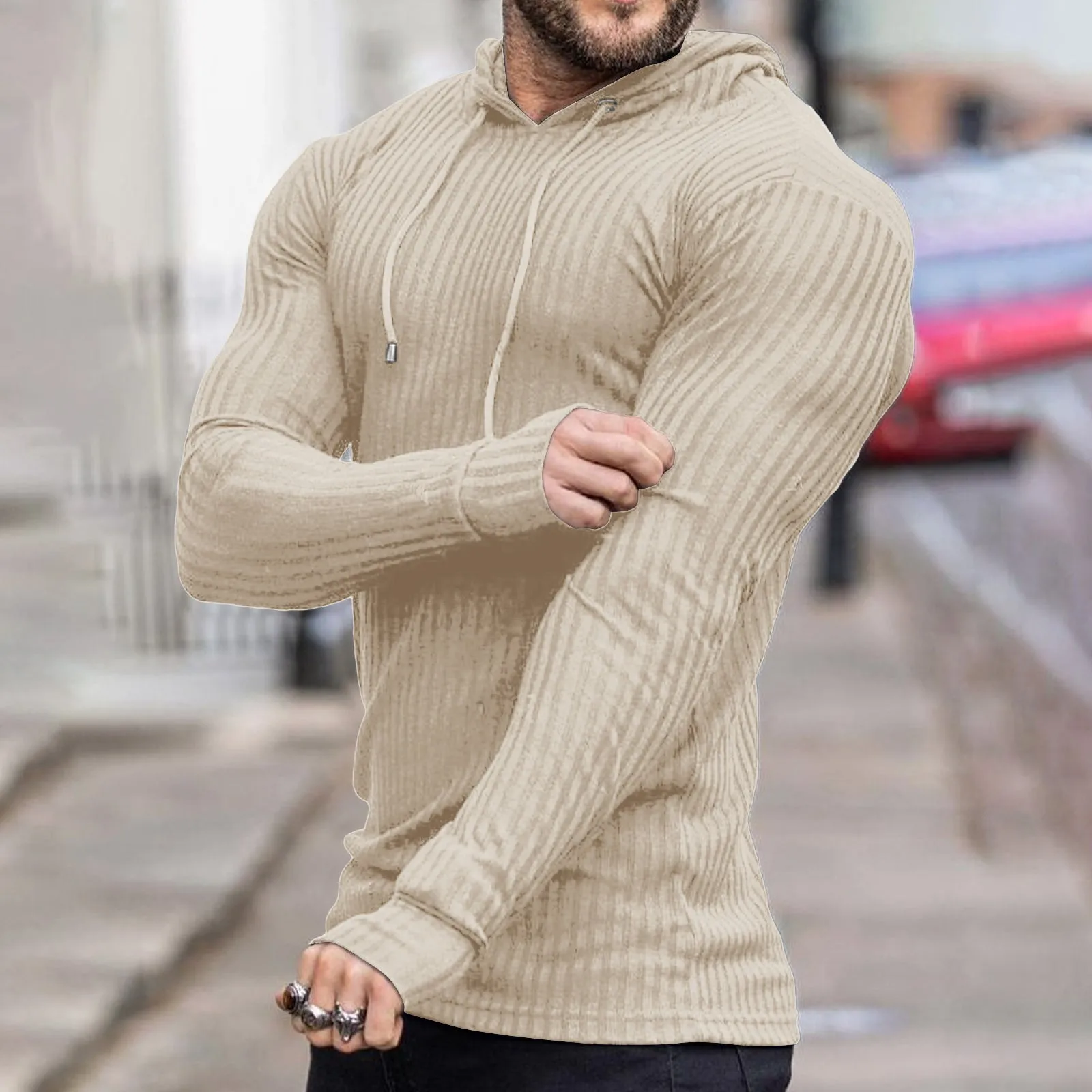 SOLID COLOR STRIPED DRAWSTRING HOODIE
