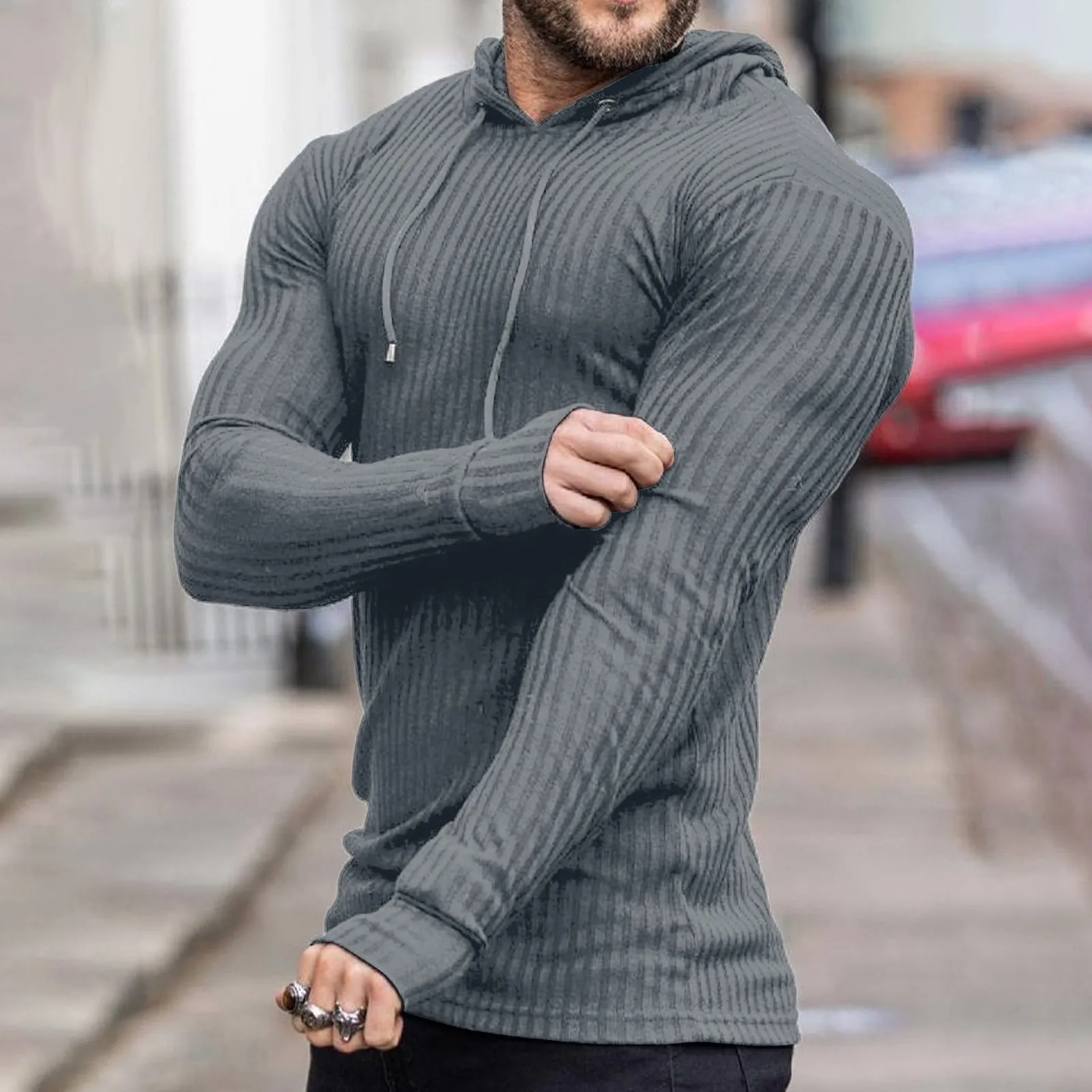 SOLID COLOR STRIPED DRAWSTRING HOODIE