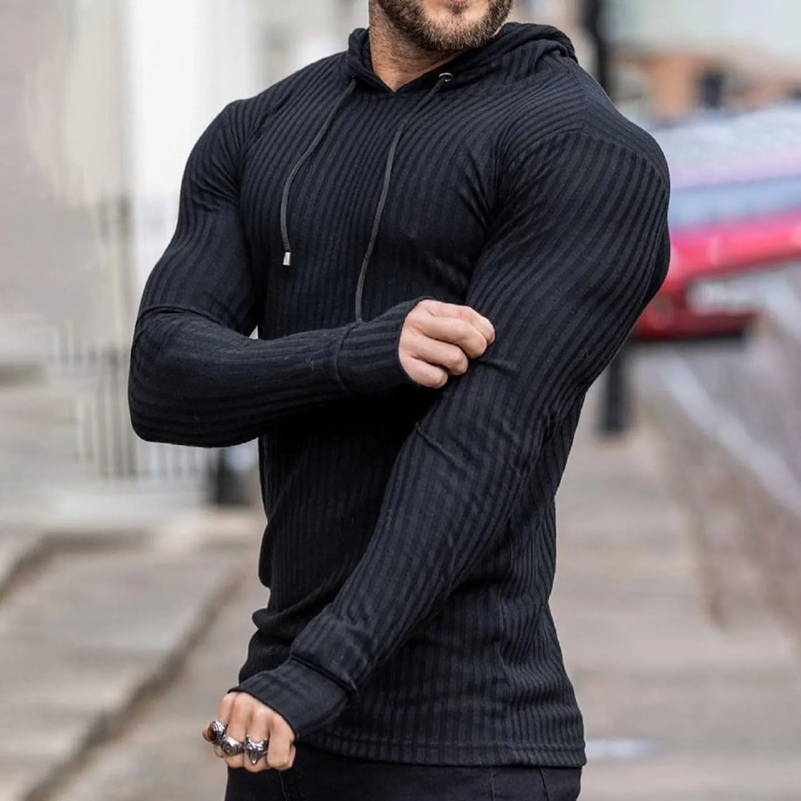 SOLID COLOR STRIPED DRAWSTRING HOODIE