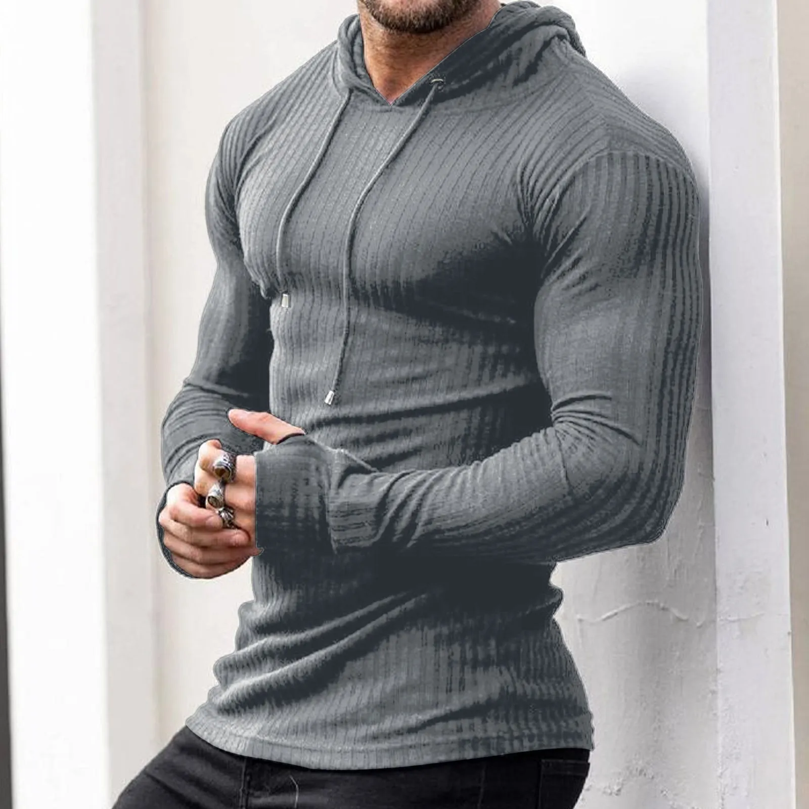 SOLID COLOR STRIPED DRAWSTRING HOODIE
