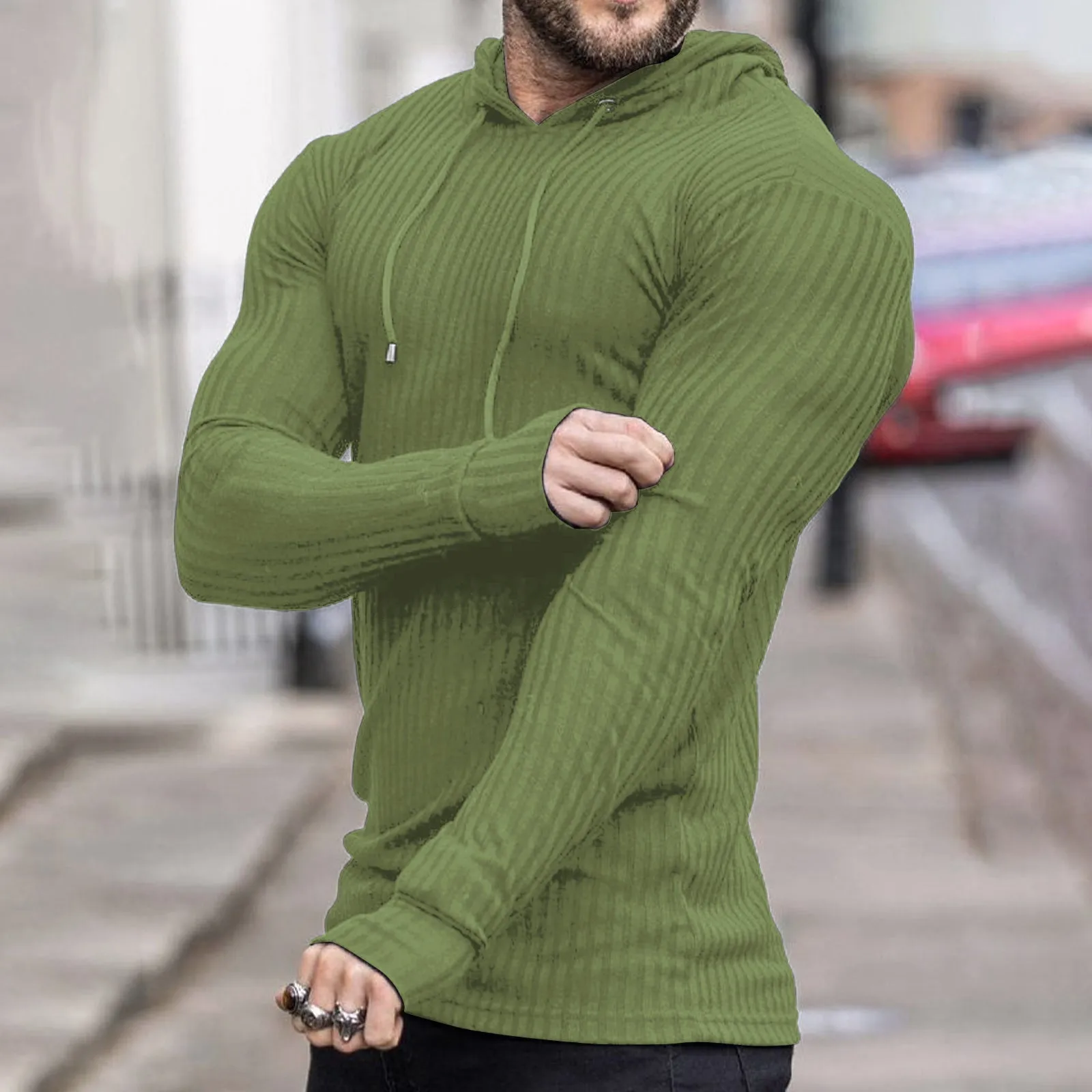 SOLID COLOR STRIPED DRAWSTRING HOODIE