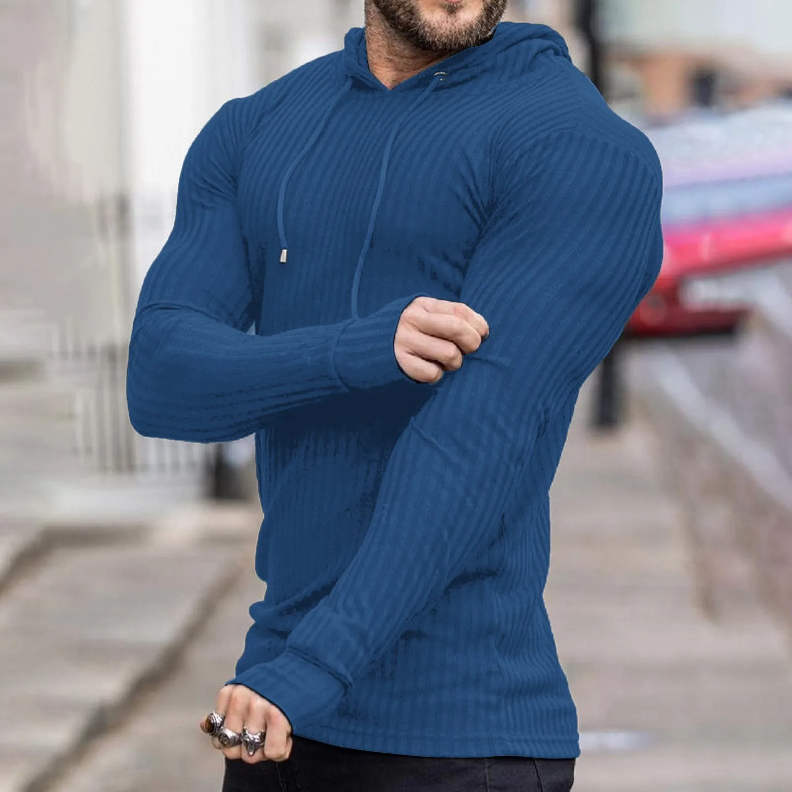 SOLID COLOR STRIPED DRAWSTRING HOODIE