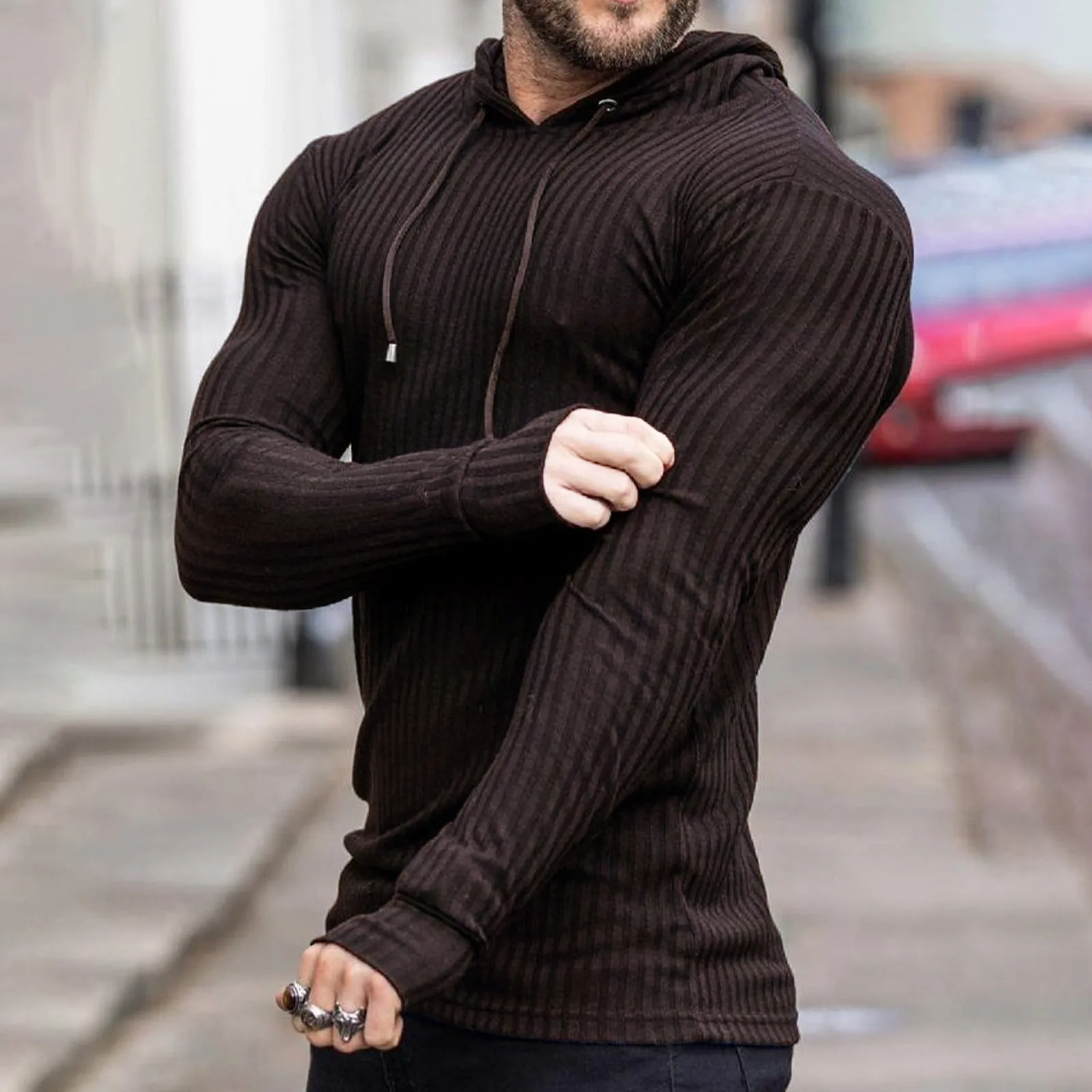 SOLID COLOR STRIPED DRAWSTRING HOODIE