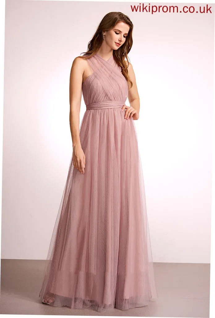 Tulle Silhouette One-Shoulder Off-the-Shoulder Neckline Floor-Length Fabric A-Line Straps Length V-neck Carlie Bridesmaid Dresses