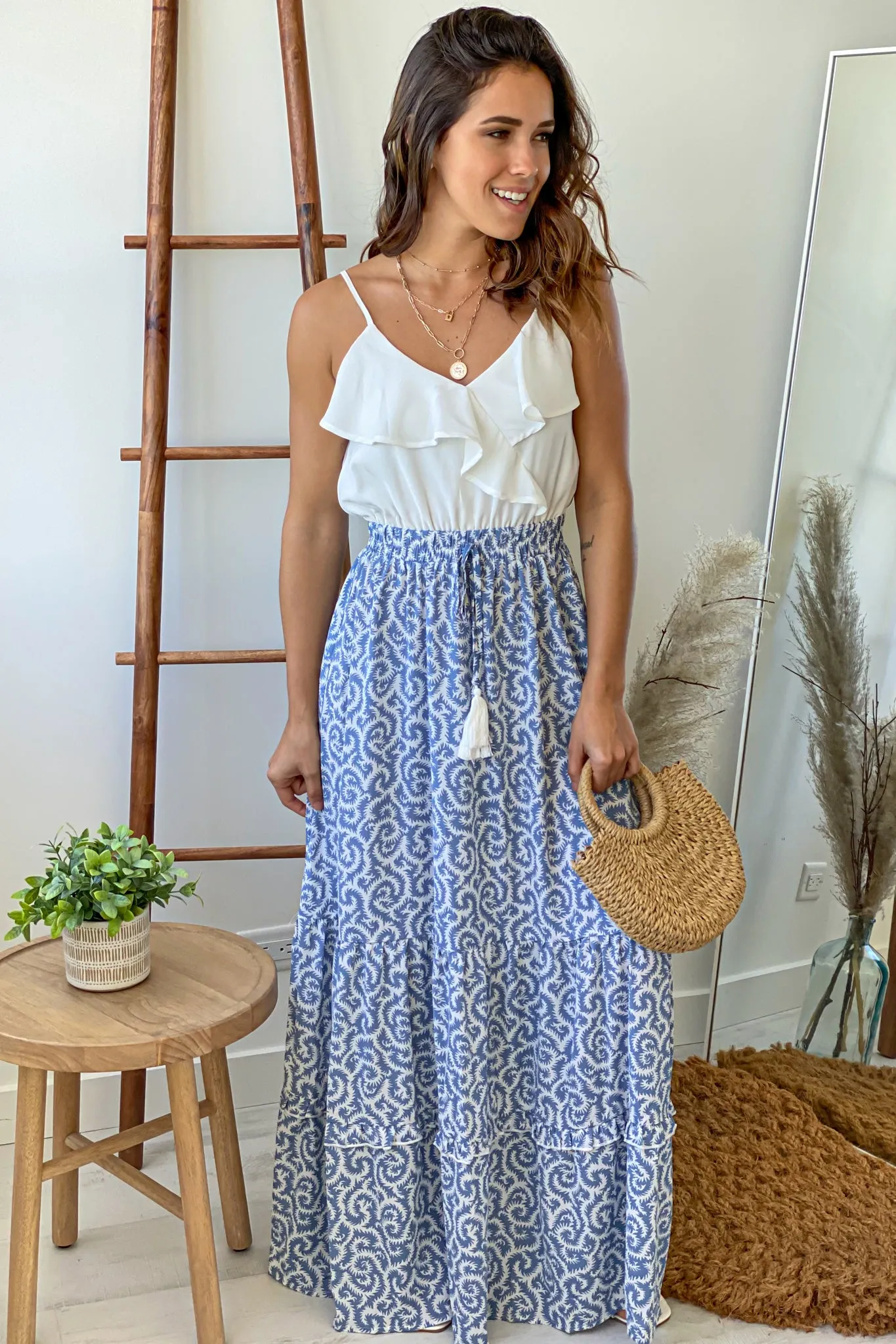 White And Blue Printed Maxi Dress