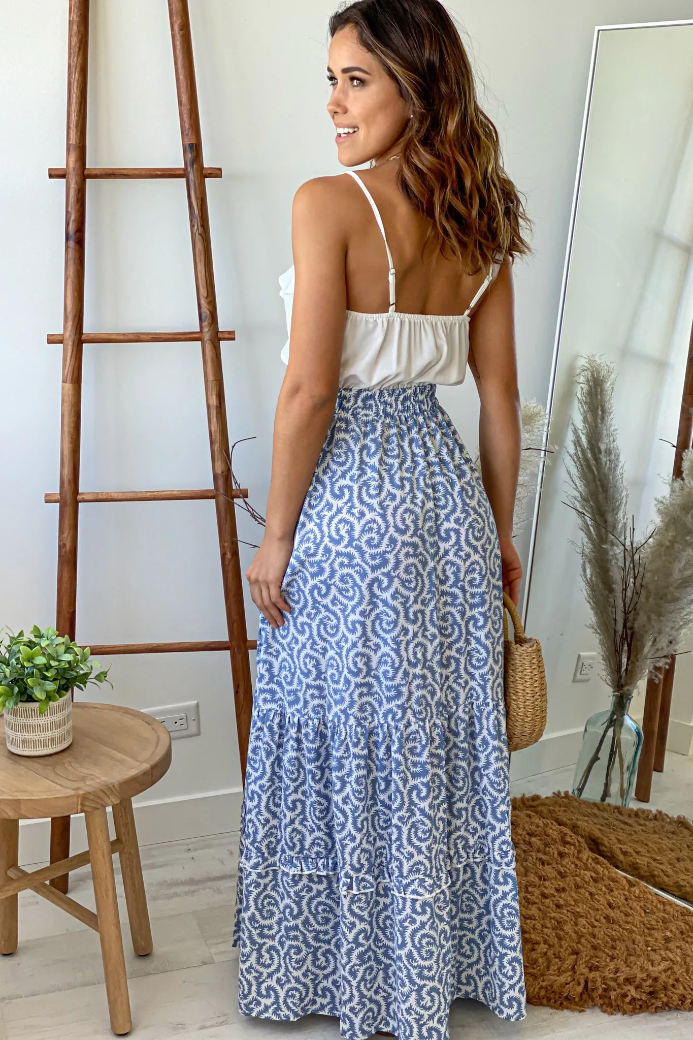 White And Blue Printed Maxi Dress