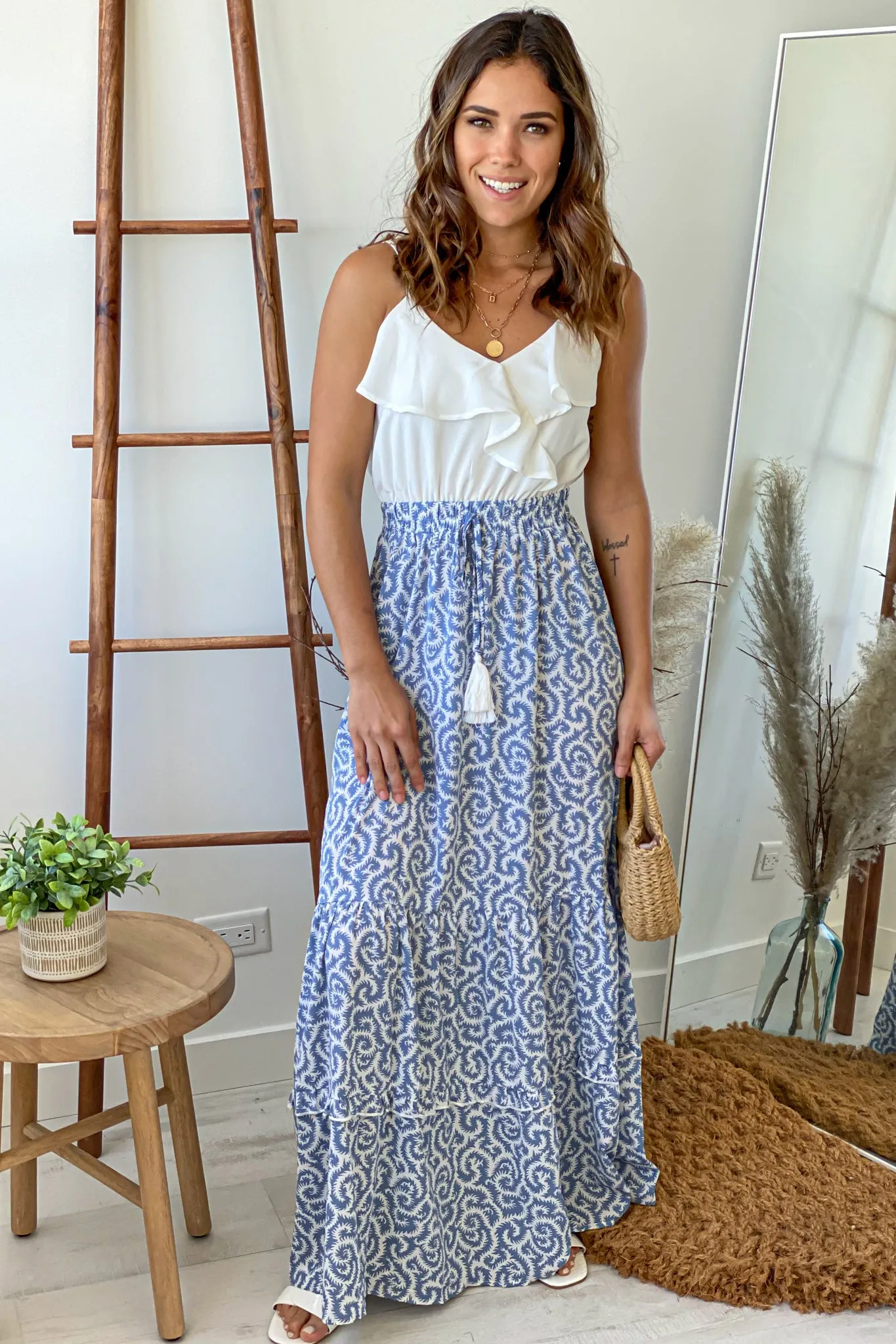 White And Blue Printed Maxi Dress