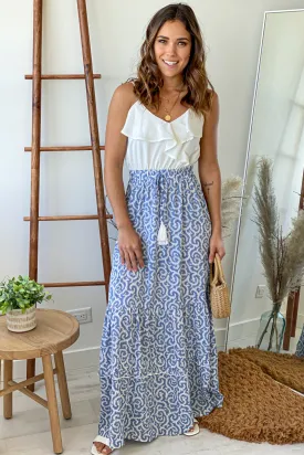 White And Blue Printed Maxi Dress