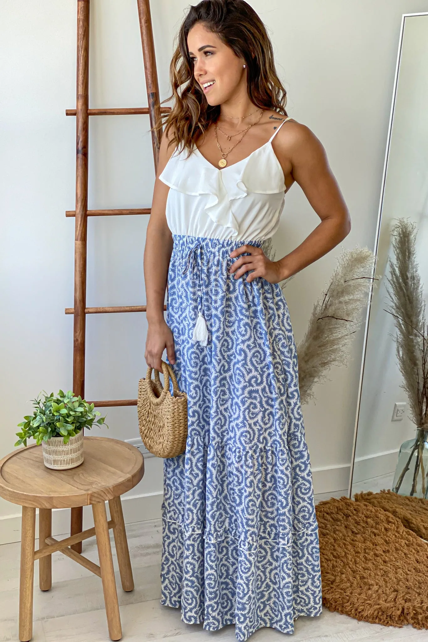 White And Blue Printed Maxi Dress