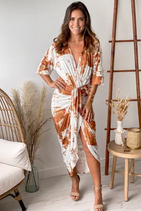 White Printed Asymmetrical Ruched Dress