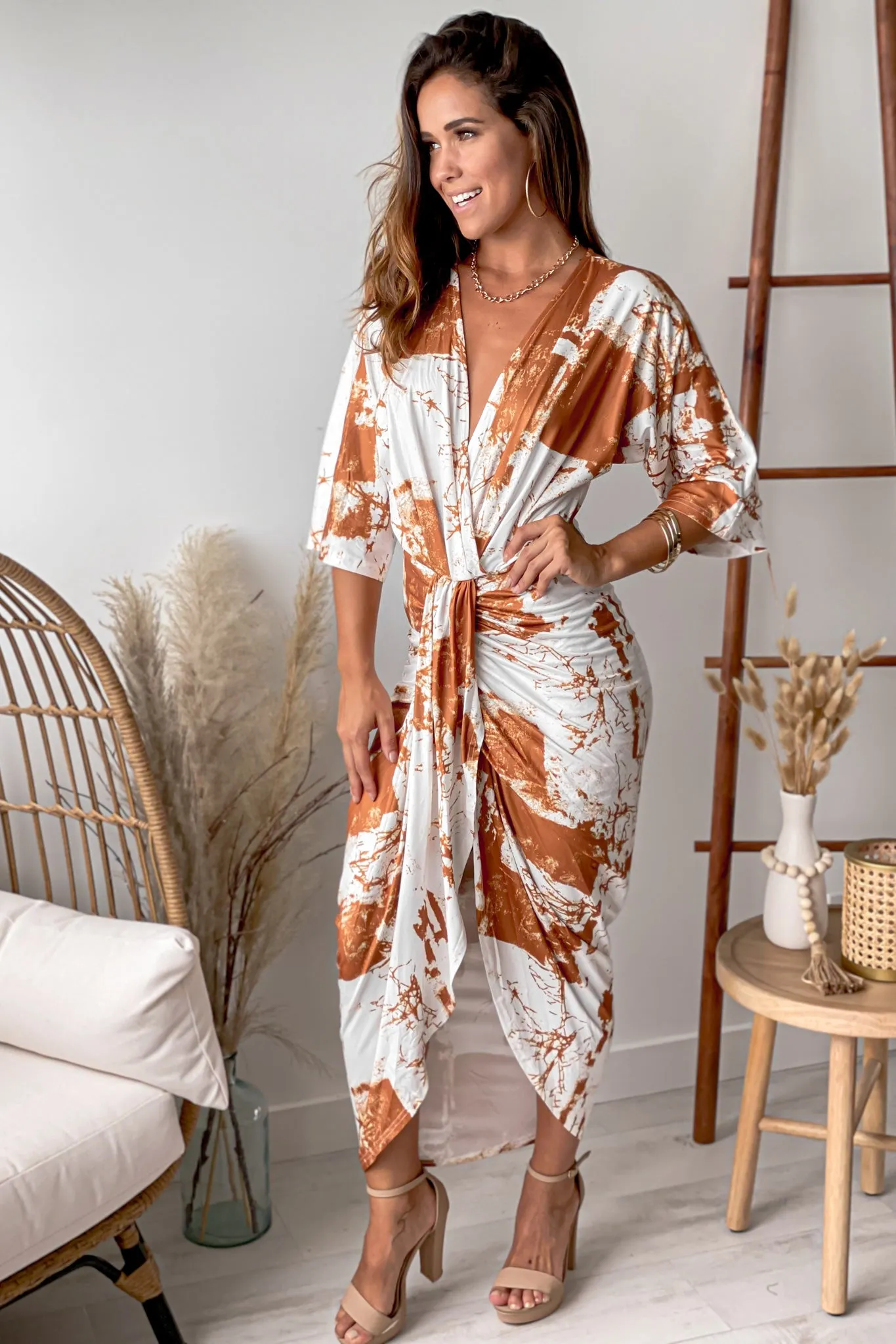 White Printed Asymmetrical Ruched Dress
