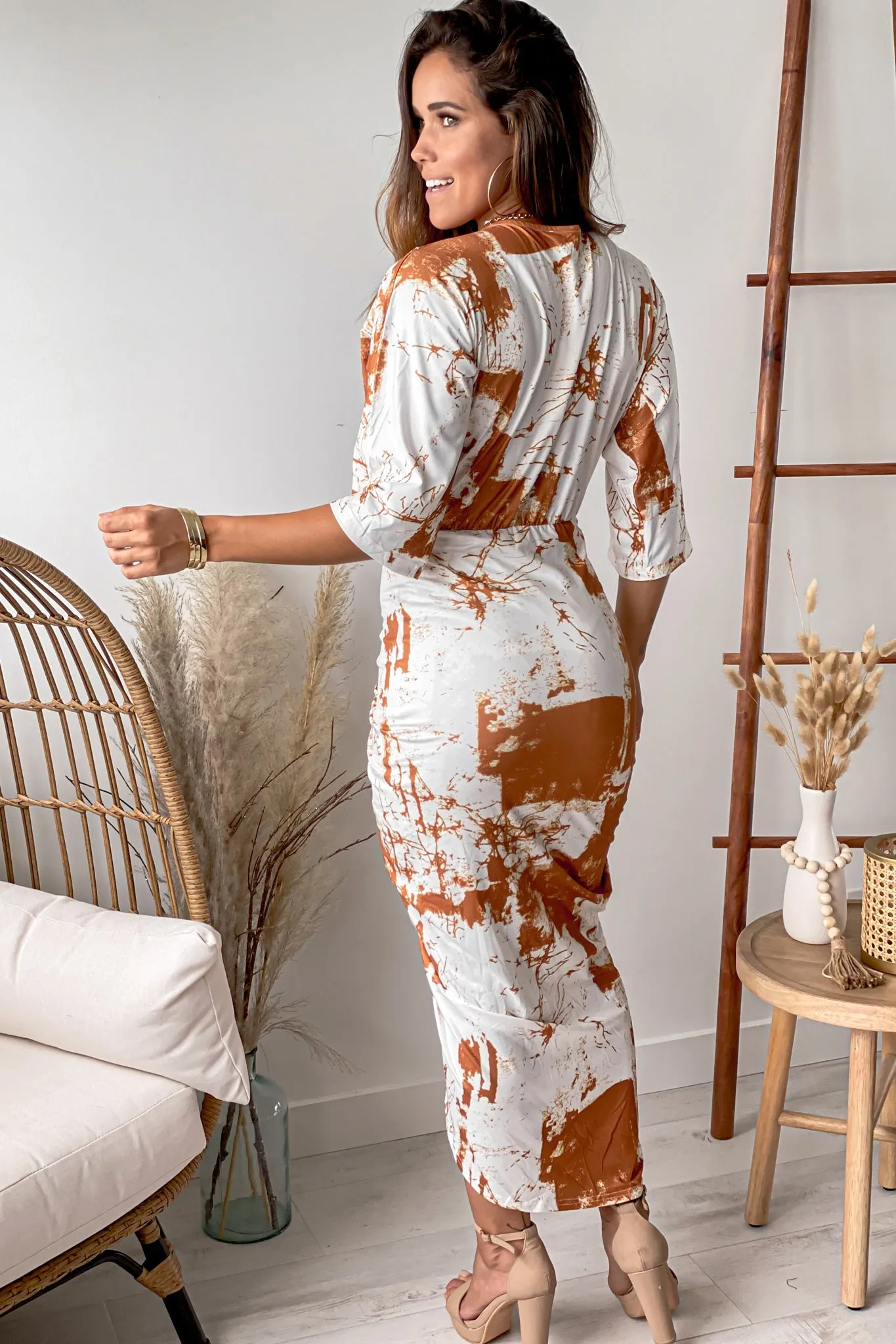 White Printed Asymmetrical Ruched Dress