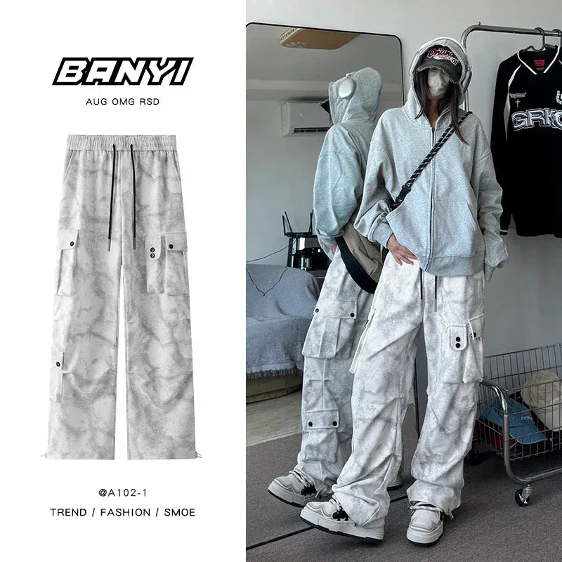Wiaofellas  - Autumn New Dirty Tie-dye Pants American Trend Work Pants Multi-pocket Design Sense of Casual Pants Mens and Women's Clothing