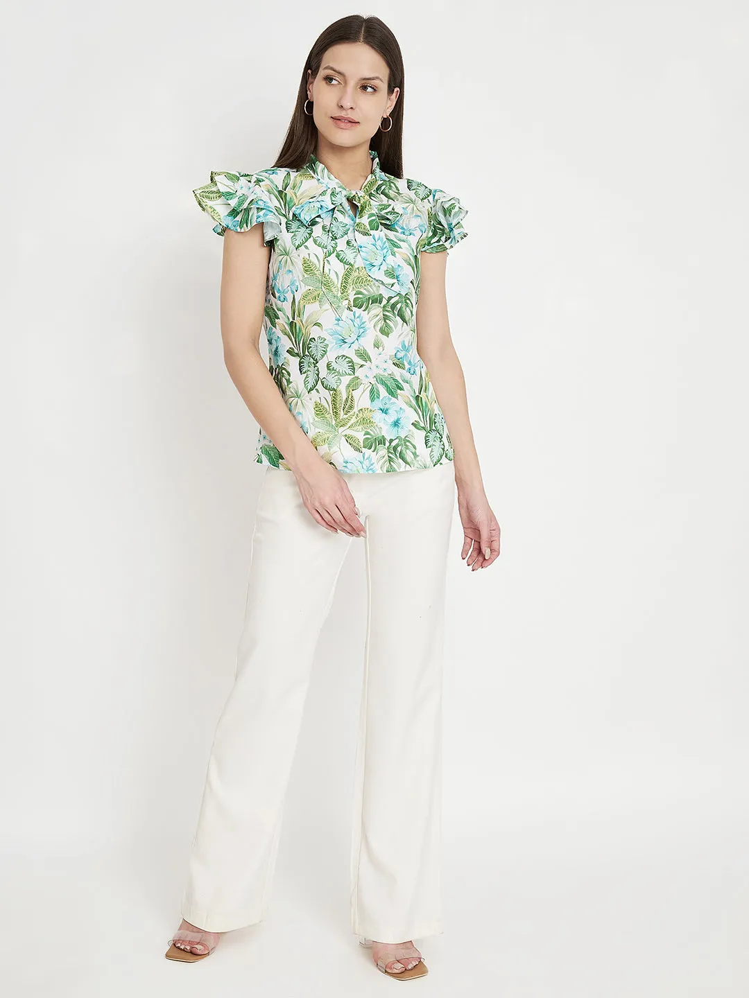 Women Floral Printed Tie-Up Neck Green Top
