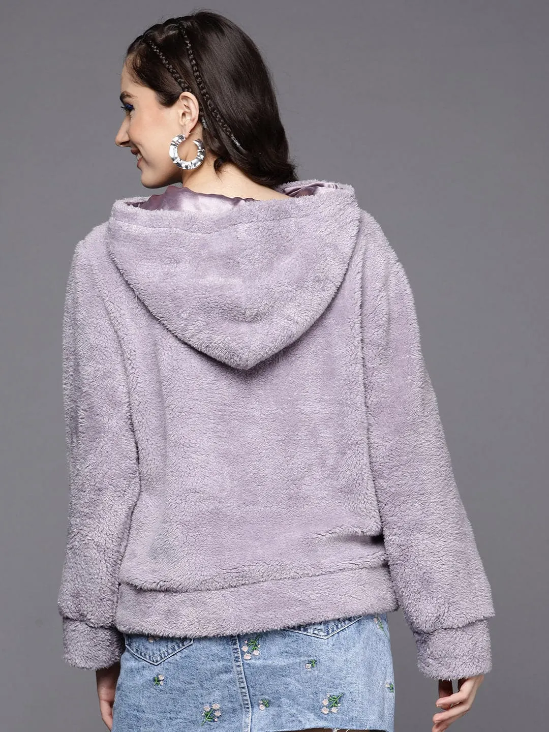 Women Lavender Faux Fur Hoodie