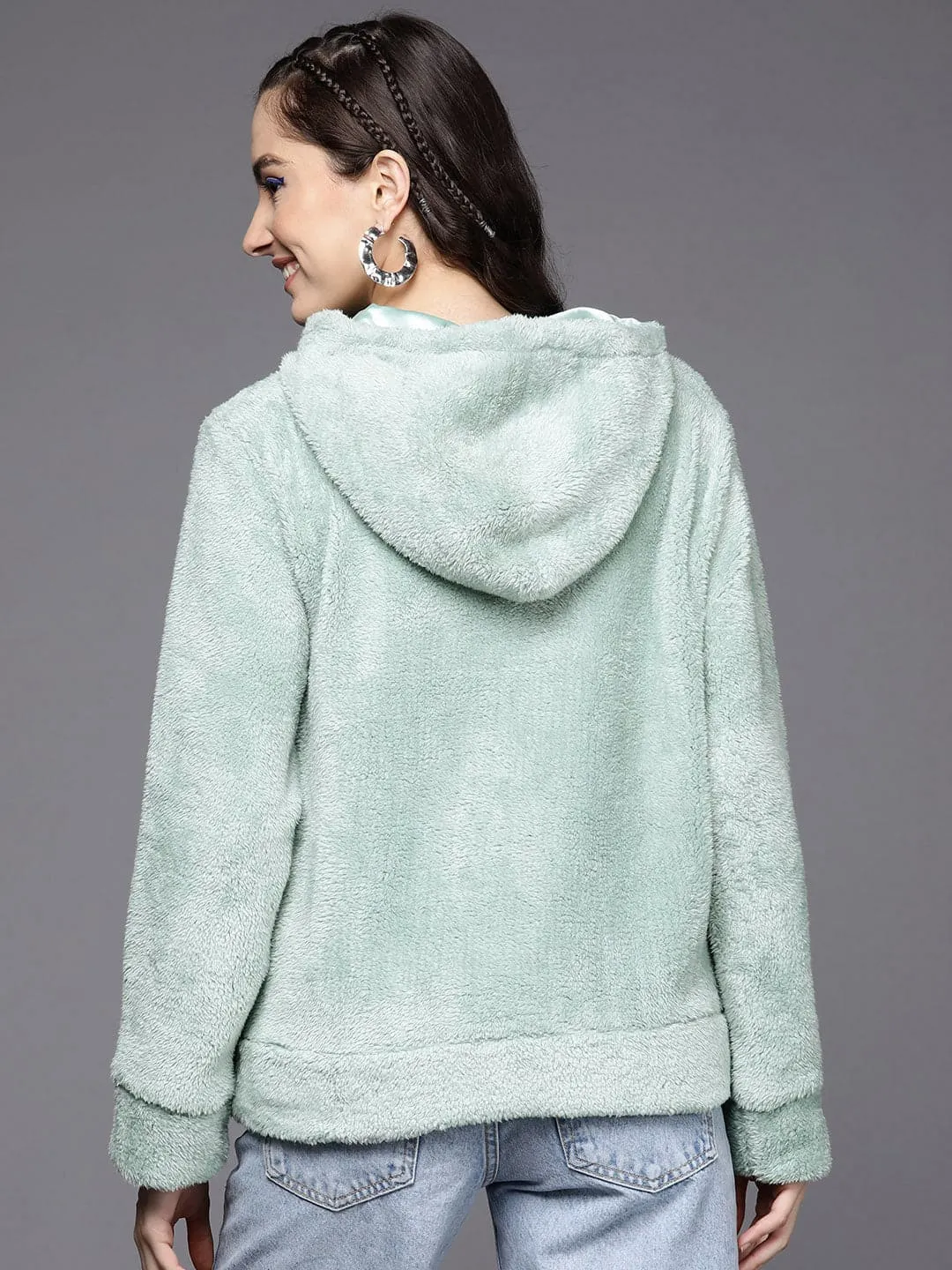 Women Sea Green Faux Fur Hoodie